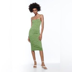 NWOT Zara Green Patterned Spaghetti Straps Midi Dress Women’s Size Small